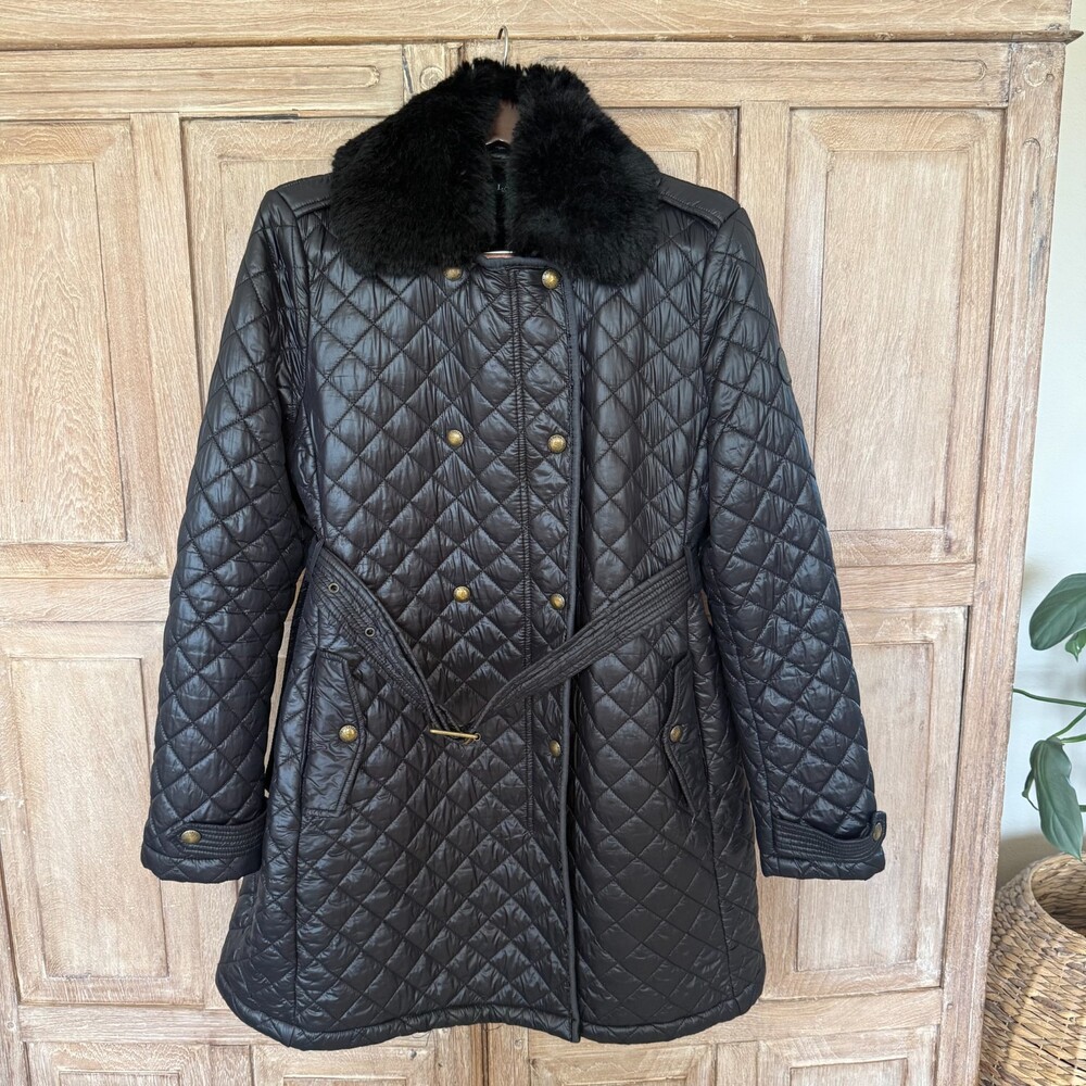 Lauren Ralph Lauren Quilted Coat XL Black Faux Fur Belted Long Jacket 409795